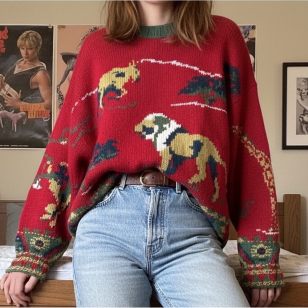Vintage Willis & Geiger Red Safari Animal Intarsia L Wool Crewneck Long Sleeves